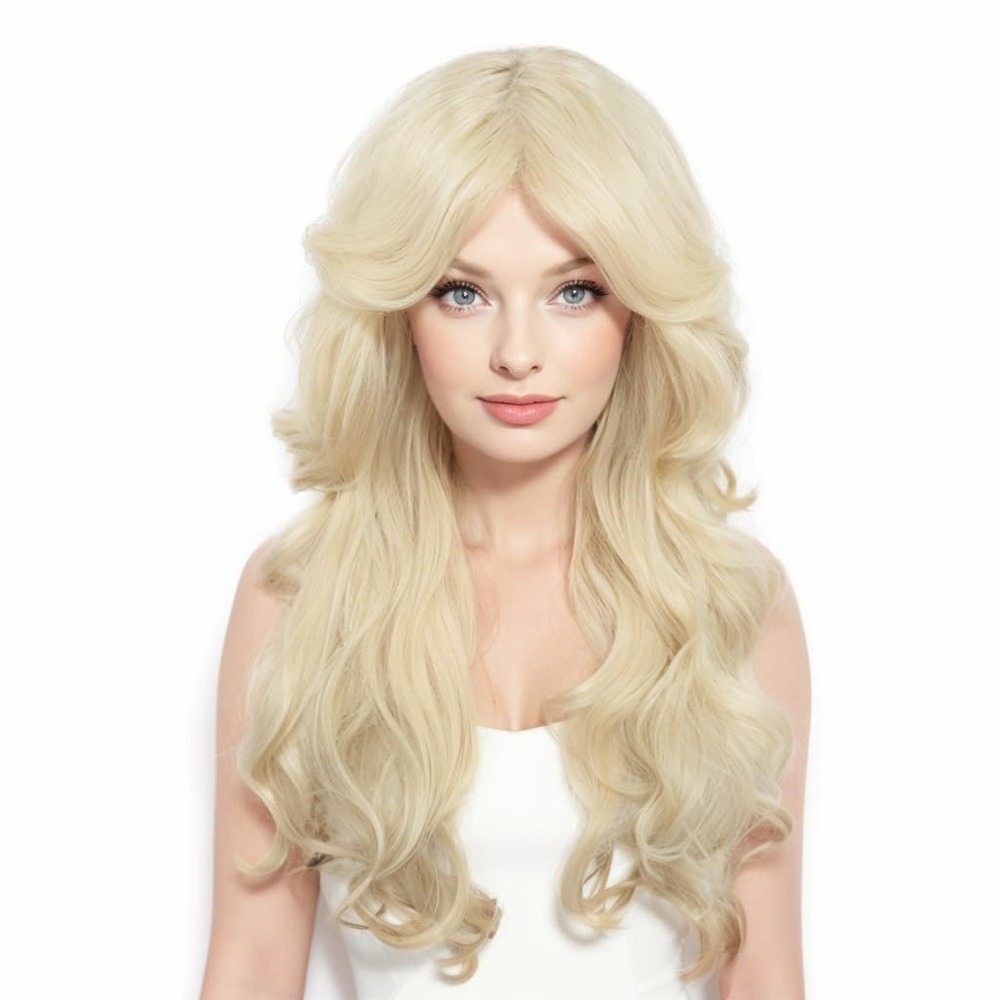 NWT NIUOBYS Varesa Blonde Long Wavy Cosplay Wig Layered Synthetic w/ Bangs